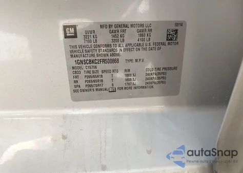 2015 Chevrolet Tahoe Lt from USA, damaged, VIN 1GNSCBKC2FR500868